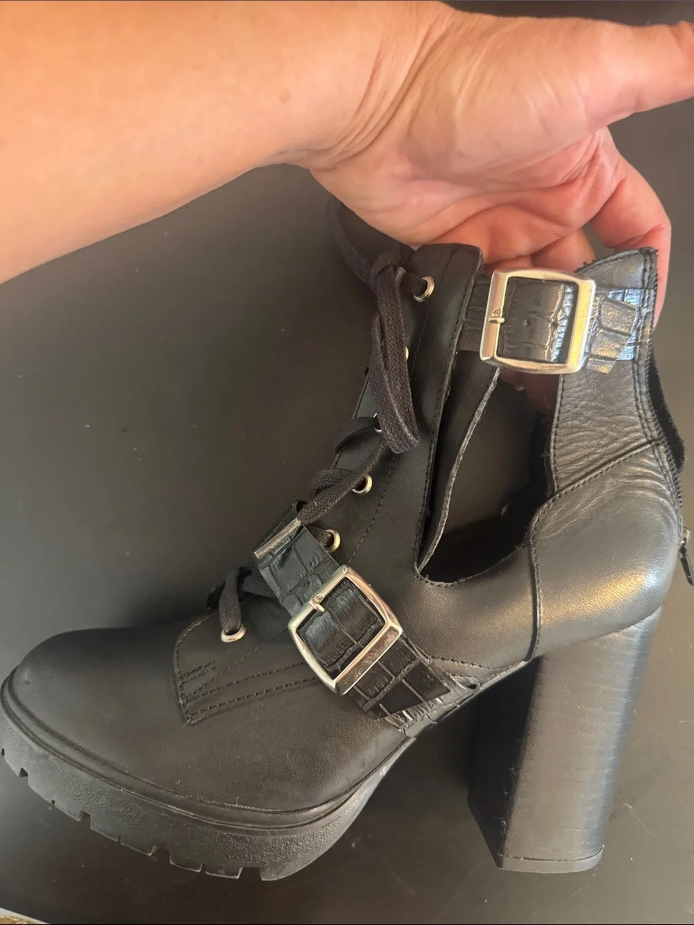 Steve Madden Black Lace-Up Heeled Ankle Boots with Buckles - Picture 6 of 7